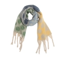 Close-up of thick knitted winter scarf with colorful polka dots and fringe details - Navy Yellow
