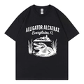 Bedrucktes schwarzes Baumwoll-T-Shirt Alligator Alcatraz mit Rundhalsausschnitt und Print - S / Schwarz