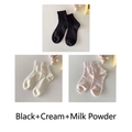 Set of 3 vertical striped cotton socks in black, cream, and soft pink colors - Black+Cream+Milk Pink