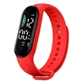 Red silicone fitness tracker with black capsule digital screen showing 12:00 time display - Red