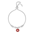 Silver adjustable box chain bracelet featuring a red enamel heart charm and polished beads - Red Enamel Heart Slider Style / Steel Color Bracelet (E462)