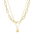 Double-layer gold heart lock necklace with paperclip chain in polished titanium steel - Gold
