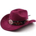 Detail of embroidered floral band and vintage silver emblem on purple suede cowboy hat - M(56-58cm) / Burgundy