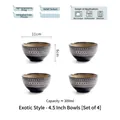 Set of 4 Japanese style 4.5 inch ceramic rice bowls with embossed underglaze patterns - Set of 4 / 4.5 Inch / Exotic Style