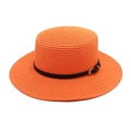 Classic orange flat top straw hat with wide brim and black leather belt accent - M (56-58cm) / Orange