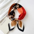 Elegant 70cm square silk scarf with red, orange, and black floral geometric block pattern - Semicircle Inlaid Leaf Black Border