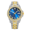 Luxury hip hop men's watch with blue Arabic dial and iced out gold-silver band - Two Tone Gold Blue Dial
