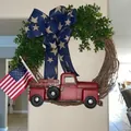 Detail of USA Independence Day grapevine wreath with vintage red truck and star bow - Style 6