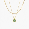 Double-layered 14K gold plated Figaro chain necklace with a round green aventurine pendant - Gold Green Aventurine
