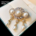 Elegant pearl and rhinestone brooch with tassels and drop pearls, 4.8cm size - Natural Pearl Style / Gold (TB1182)