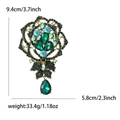 Vintage gold rose brooch with emerald green crystal teardrop pendant in 9.4cm size - Green