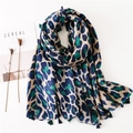 Lightweight cotton linen long scarf with blue leopard print and tassel edges - Green Leopard