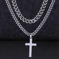 Collier double couche pour homme en acier inoxydable argenté avec pendentif croix - Style Croix Chaîne Cubaine (26B06007) / Argenté