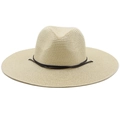 Summer woven straw Panama hat with flat wide brim and brown leather strap on white background - M(56-58cm) / Beige