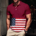 Herren Slim Fit Polohemd in Weinrot mit patriotischem US-Flaggen 3D-Druck am Saum - S / Burgunderrot