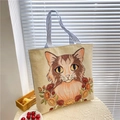 Borsa tote in tela beige con gatto e fiori e manici a righe blu e bianche - Gatto dagli Occhi Grandi