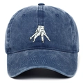Washed navy denim baseball cap featuring the iconic Thing hand print from Wednesday - Adjustable / Navy Blue