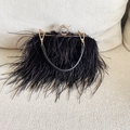 Close-up of black ostrich feather evening bag with a gold circular rhinestone buckle - Black