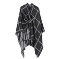 Women's plaid poncho in black and grey soft knit fabric with a front knot detail - Black Gray Plaid