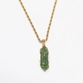 Bohemian gold rope chain necklace with a wire-wrapped green crystal pendant - Green