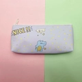 Close-up of lavender PU pencil case with cute blue dinosaur print and NICE text - Dinosaur-Light Purple