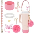 Set de 7 accesorios rosa para vaso Stanley con tapa de pajita y mango tejido - Juego de 7 Piezas 20-Flor Rosa Tejida