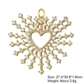 Detail of gold heart pendant with zircon sunburst and size 27.4x30.8mm specs - Copper Pendant 30 (Hollow Heart Sunburst)