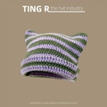Striped green and purple knit cat ear beanie with chunky crochet texture - One Size / Striped Purple Green