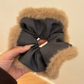 Oversized dark grey polka dot scrunchie with warm faux fur trim for autumn fashion - Khaki Furry Edge Scrunchie