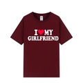 Short sleeve burgundy cotton T-shirt featuring white I Heart My Girlfriend slogan print - Wine Red (Girlfriend)