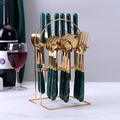 Set di posate in marmo verde con supporto dorato in acciaio inossidabile lucido e fine - Set da 24 Pezzi + Supporto per la Conservazione / Verde Scuro