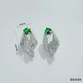 Irregular silver C-shape earrings with emerald green zircon stones and 30mm height - Hammered Folded Texture Green Zircon Silver Drop Earrings (D2440)