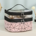 Pink geometric pattern dual-layer makeup bag with a transparent PVC top and handle - Pink