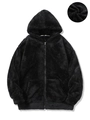Black plush fleece zip-up hoodie featuring a warm hood and kangaroo pocket - S / Black