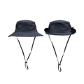 Detail of navy sun hat featuring breathable mesh, Traveler embroidery and adjustable chin strap - Navy Blue