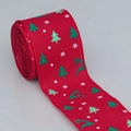 Red linen Christmas ribbon with green trees and reindeer patterns for gift wrapping - Red Green Christmas Tree Deer (Style 8)