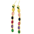 Detail of long drop earrings featuring seven colorful oval gemstones in gold settings - Ellipse Shape Multicolor (e3彩色)