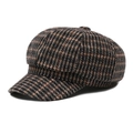 Vintage checkered octagonal newsboy cap in dark brown and beige woolen fabric - Coffee