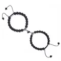 Detail of heart-shaped magnetic clasp on adjustable black beaded couple bracelets - Double Black Lava Obsidian Style (WB0654-12)