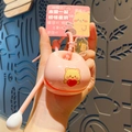 Pink decompression wooden fish keychain with cute bear pattern and lucky slogan tag - Cream Bear Wooden Fish Keychain - Pink Heart