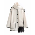 Chic white wool coat with integrated scarf collar, black contrast trim and fringe details - XS / White