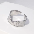 Polished silver V-shaped stainless steel open ring with fine textured surface for men - US 7 / Open Adjustable (JR155) / Steel