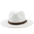 Cappello panama in paglia bianca con cinturino in pelle marrone scuro in stile fedora - M (56-58cm) / Bianco