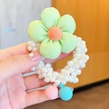 Cute green sunflower hair tie for girls with white pearls and colorful beads - Green Pearl Flower