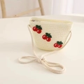 Beige woven straw shoulder bag for girls featuring cute red cherry embroidery motifs - Cherry Bag / White