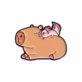 Cute Capybara metal enamel brooch with a pink salamander on top on a white background - Capybara With Axolotl (QHXZ904)