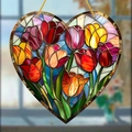 Colorful tulip heart suncatcher pendant made of stained glass for garden window decoration - 20cm / Style 3-Tulips