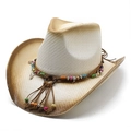 Ethnic western woven straw hat with leather beaded band and decorative shell tassels - M (56-58cm) / Cream Coffee
