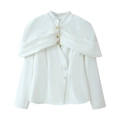 Elegant white women's cape-style blazer with gold buttons and a sophisticated stand collar - S / White