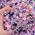 Mixed size resin flatback pearls and rhinestones for DIY nail art and phone case decor - 30 g / Pink Purple Black Series-10